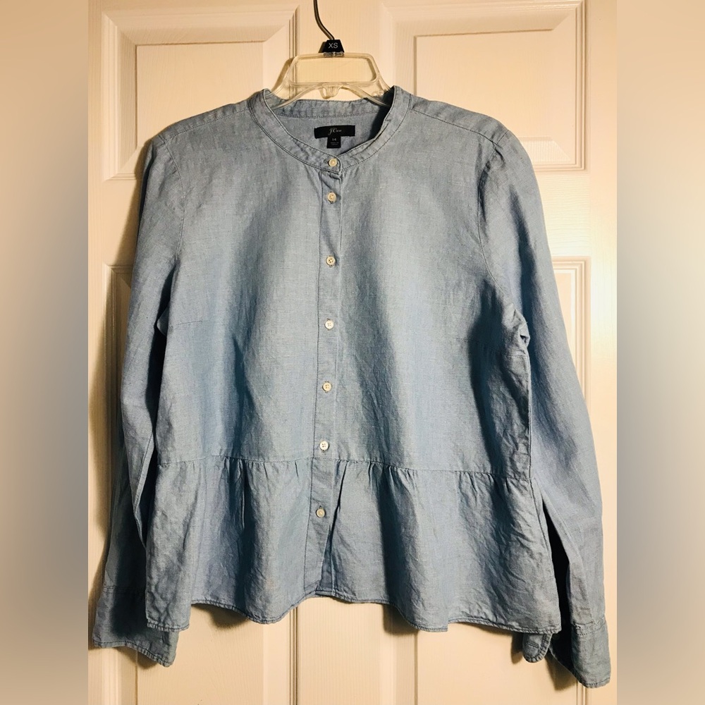 J.crew Linen Blue Button-Front Peplum Shirt - Women 14
